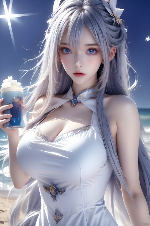 1girl, solo, long hair, breasts, bangs, blue eyes, hair ornament, dress, holding, bare shoulders, medium breasts, very long hair, white hair, sky, white dress, cup, copyright name, feet out of frame, star \(sky\), holding cup, starry sky