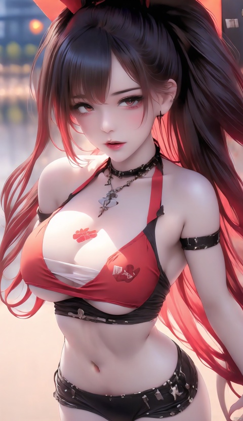 1girl, solo, long hair, looking at viewer, open mouth, red eyes, hair between eyes, bare shoulders, weapon, red hair, horns, teeth, armor, hair over one eye, torn clothes, chain, fire, black background, claws, breastplate
 illustration, best quality, ultra-detailed, super detailed skin,cute, lovely, extremely detailed,8K,solo,1girl, detailed background,urban, 💫,⭐️,🌟,✨,night,dynamic angle,beautiful eyes,blash,smile,(streetwear:1.5),street style ,(emphasis splatter ),splatter,graffiti,spraycan,❤️,motion,navel,(croptop:0.8),(ear piercing:0.7),two-tone hair color,(cool),(HDR:1),wind
,(jitome:1.2),perfect hand,active,RETRO ART STYLE, NEON_POP ART STYLE, ART STYLE, hands behind back