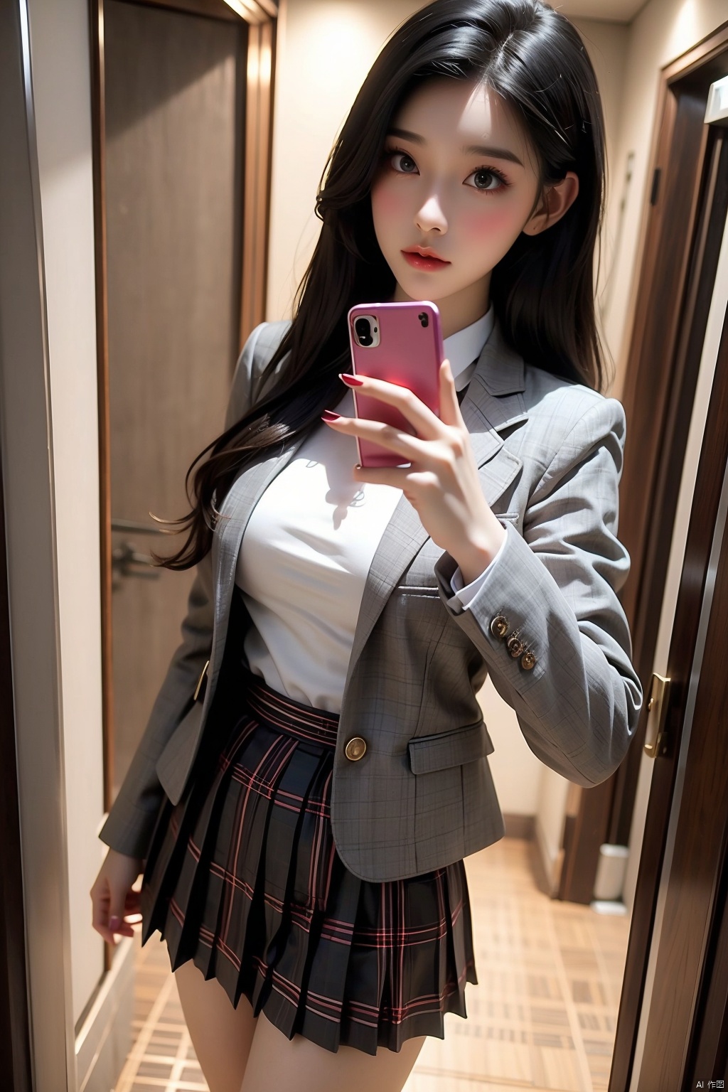 1girl, solo, long hair, skirt, black hair, long sleeves, holding, school uniform, standing, jacket, pleated skirt, plaid, plaid skirt, phone, blazer, cellphone, smartphone, holding phone, meme, grey jacket, door, selfie
