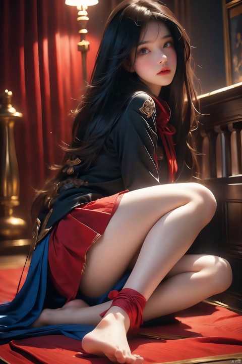 A candid snapshot captures the intensity of a moment. One girl sits, her long black hair tangled with blood, bare feet splayed apart. Her blue pleated skirt, usually a symbol of innocence, now stained with crimson. The blurred background and foreground create a sense of depth, drawing attention to her injured legs. Another girl is partially out of focus in the distance, adding to the sense of urgency.