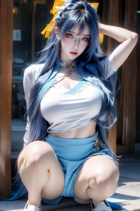 8k hd, 1girl, 1women,beautiful,naked，pubes， thick thighs, curvy, ribbon socks, high heels, plump, large_breast, simple background, beauty, ass visible through thighs , armpit cutout, high quality,torso flash, cameltoe, milf, ahegao, fatass，squatting，spread legs，glasses，hand behind head，flow down，blue hair