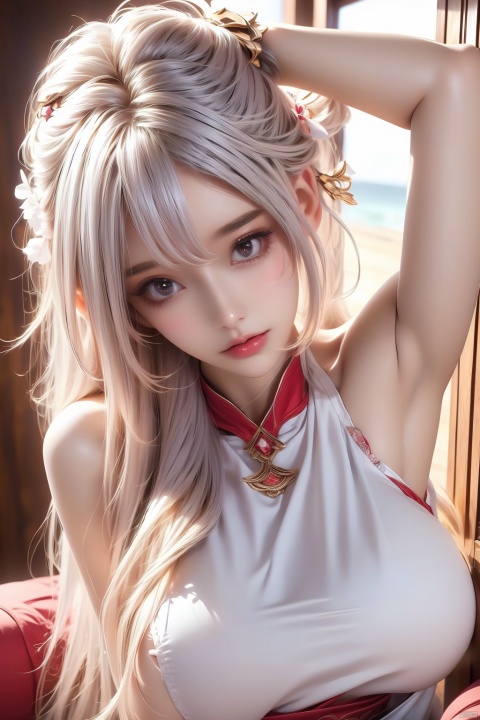 1girl, solo, long hair, breasts, looking at viewer, hair ornament, dress, bare shoulders, white hair, multicolored hair, parted lips, sleeveless, indoors, armpits, arm up, lips, gradient hair, hand on own head