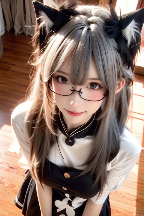 1girl, solo, long hair, looking at viewer, smile, dress, animal ears, white hair, glasses, cat ears, apron, maid, cosplay, crossdressing, reference inset, photo inset
