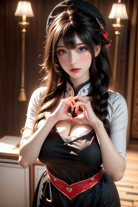 1girl, solo, long hair, breasts, looking at viewer, blue eyes, black hair, hat, dress, braid, heart, apron, twin braids, heart hands
(Heart gesture:1.4)
