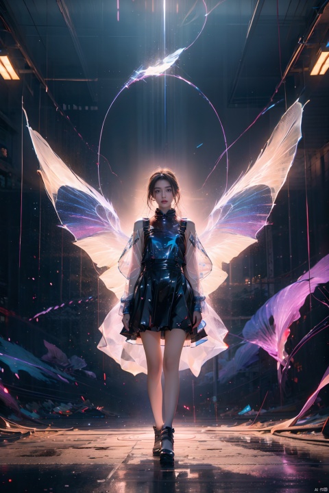 Masterpiece,High quality,Surreal,Multiple exposure scene,1 girl,Mechanical wings,Woman's figure,Intertwined,Extreme detailed,Celestial patterns,Conveying,Sense of cosmic connection,Science fiction,Electric particle effect, ethereal dragon