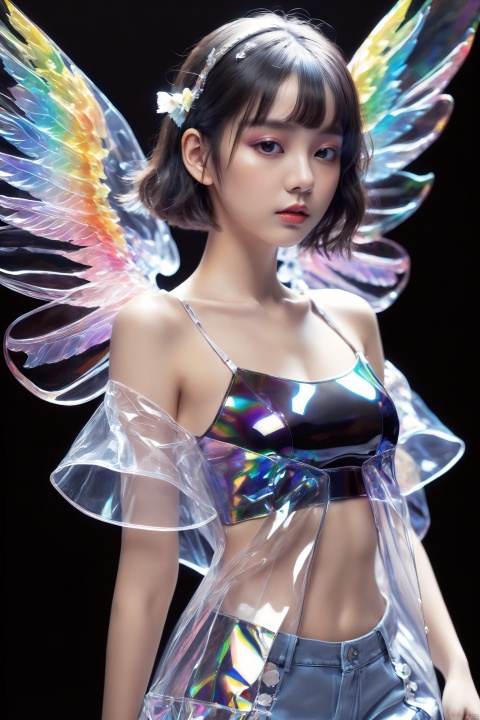 transparent color PVC clothing, transparent color vinyl clothing, prismatic, holographic, chromatic aberration, fashion illustration, masterpiece, girl with harajuku fashion, looking at viewer, 8k, ultra detailed, pixiv, wings