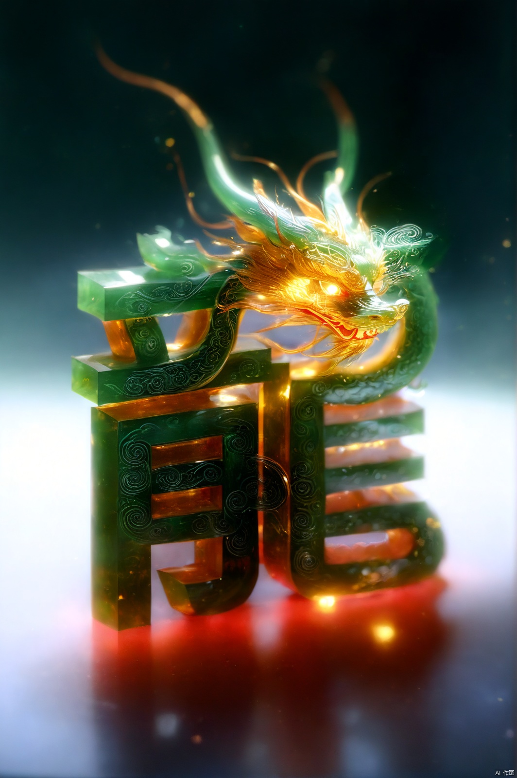 (masterpiece:1.5),(top quality:1.5),(best quality:1.2),(official art:1.5),(Chinese dragon:1.2),(emerald material),(made of jade),golden carving,fantastic,mythical creature,(Red lantern),(Chinese knot),Chinese Garden,Lunar New Year,magical light effect,super delicate,beautiful and aesthetic, hhongj, shanhaijing, particles, feicuixl