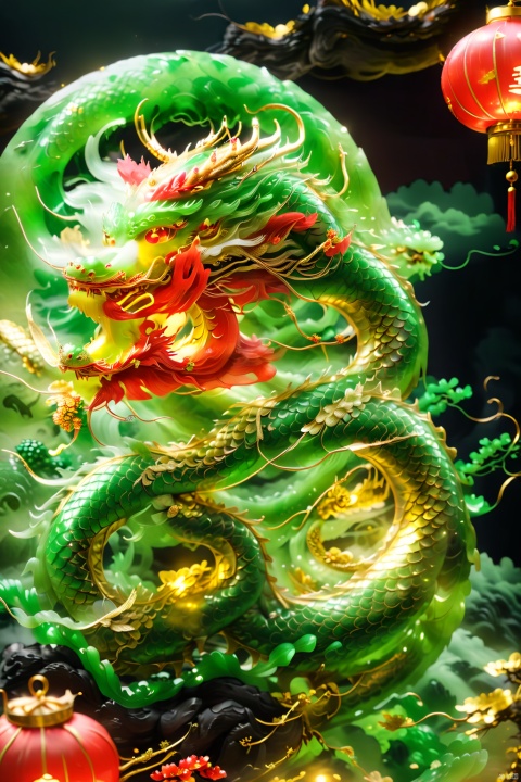 (masterpiece:1.5),(top quality:1.5),(best quality:1.2),(official art:1.5),(Chinese dragon:1.2),(emerald material),(made of jade),golden carving,fantastic,mythical creature,(Red lantern),(Chinese knot),Chinese Garden,Lunar New Year,magical light effect,super delicate,beautiful and aesthetic, feicuixl, XCJL