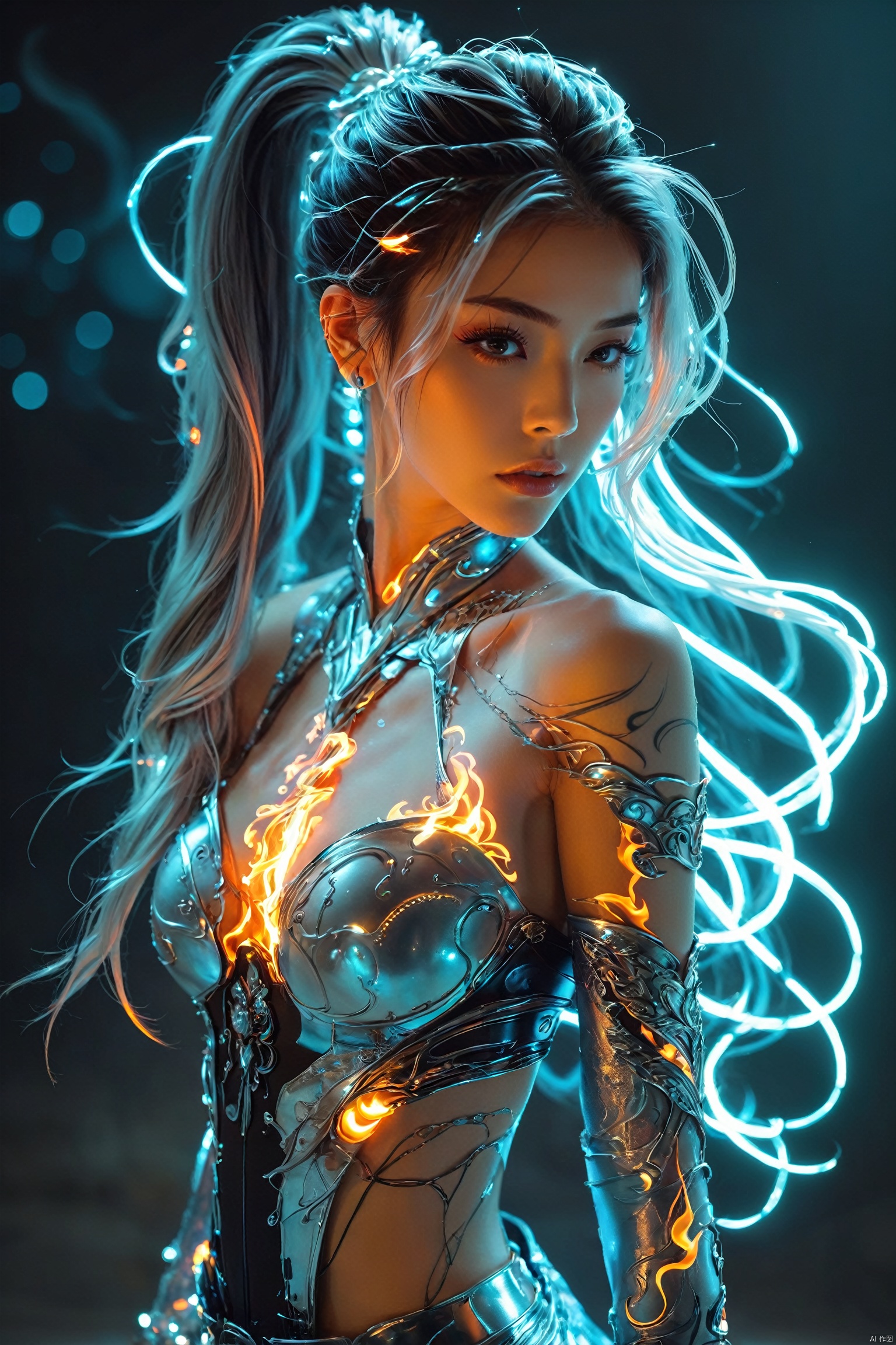 (full body:1.5), a female, flowing long hair, (glow effect:1.5), high ponytail, flame tattoos, silver strands of hair, off-the-shoulder, lightly leaning, neon lights