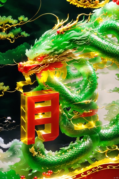 (masterpiece:1.5),(top quality:1.5),(best quality:1.2),(official art:1.5),(Chinese dragon:1.2),(emerald material),(made of jade),golden carving,fantastic,mythical creature,(Red lantern),(Chinese knot),Chinese Garden,Lunar New Year,magical light effect,super delicate,beautiful and aesthetic, feicuixl, XCJL