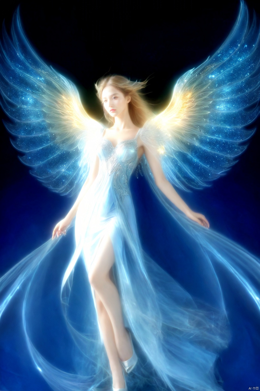 ((best quality)),(ultra high res),An angel,Celestial patterns,Perfect female body,Technology metal wings,Bare legs,Extremely detailed,Majestic presence, tqj-hd, x-ray, Universe Sky Theme,dragon