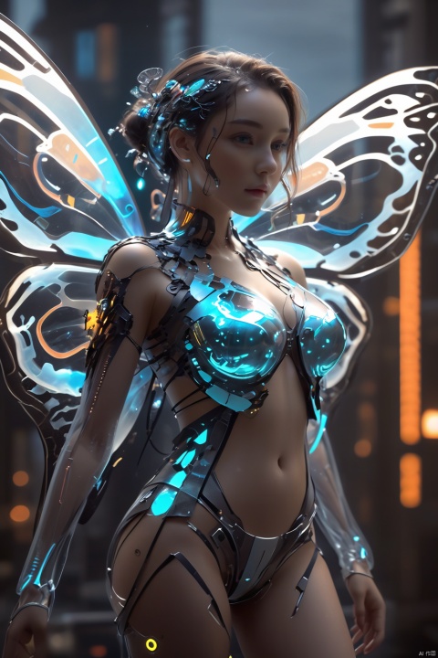 (Masterpiece, best picture quality),Cyberpunk,girl,curvy,medium breasts,cleavage,butterfly tentacles,((metal and transparent shell |mech butterfly wings)),transparent belly:1.1,metal spine:1.2,ircraft background,dynamic,perspective,wings
