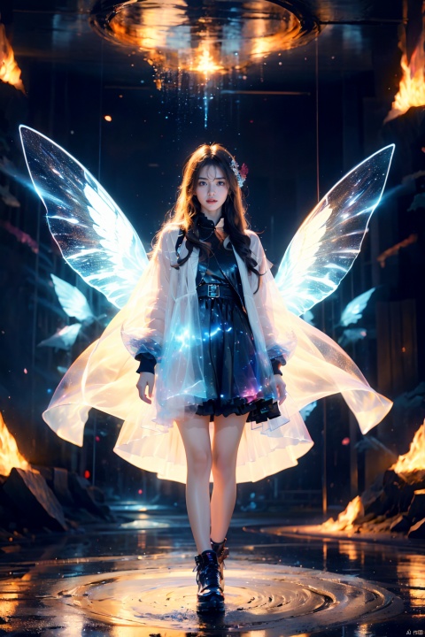 Masterpiece,High quality,Surreal,Multiple exposure scene,1 girl,Mechanical wings,Woman's figure,Intertwined,Extreme detailed,Celestial patterns,Conveying,Sense of cosmic connection,Science fiction,Electric particle effect, ethereal dragon, sky, 1girl