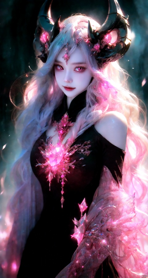  beautiful cute crystal girl in 16 years old, wearing crystal wear, the crystal is evil, black and pink and red glowing crystal, crystal pink hair, she is smiling and she is powerful, she have devil horns,the power is every wear, she is evil but cute, the crystal is evil and glowing black and pink and red colors, detailed evil eyes, she has a cute canine, glowing crystal wear, (incredible details, cinematic ultra wide angle, depth of failed, hyper detailed, insane details, hyper realistic, high resolution, cinematic lighting, soft lighting, incredible quality, dynamic shot,,Hair with scenery,The eye,yuyao, sky