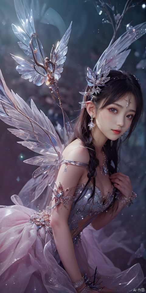  1girl,Metal wings,Fairy, crystal,jewels
, sky