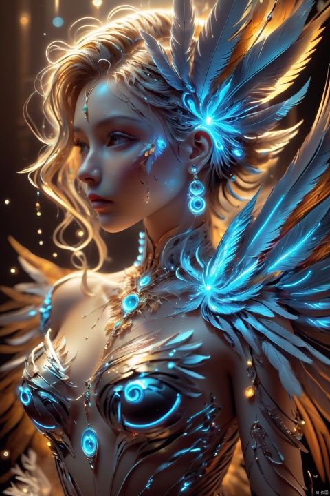 A girl, bare shoulders, golden hair, colored feathers, metal ornaments, colored flowers, particles, light rays, (masterpiece, top quality, best quality, official art, beautiful and aesthetic:1.2), (1girl:1.3), extremely detailed, (fractal art:1.1), (colorful:1.1)(flowers:1.3), highest detailed, (zentangle:1.2), (dynamic pose), (abstract background:1.3), (shiny skin), (many colors :1.4), (earrings:1.4), (feathers:1.4),wings, wings, gmlm