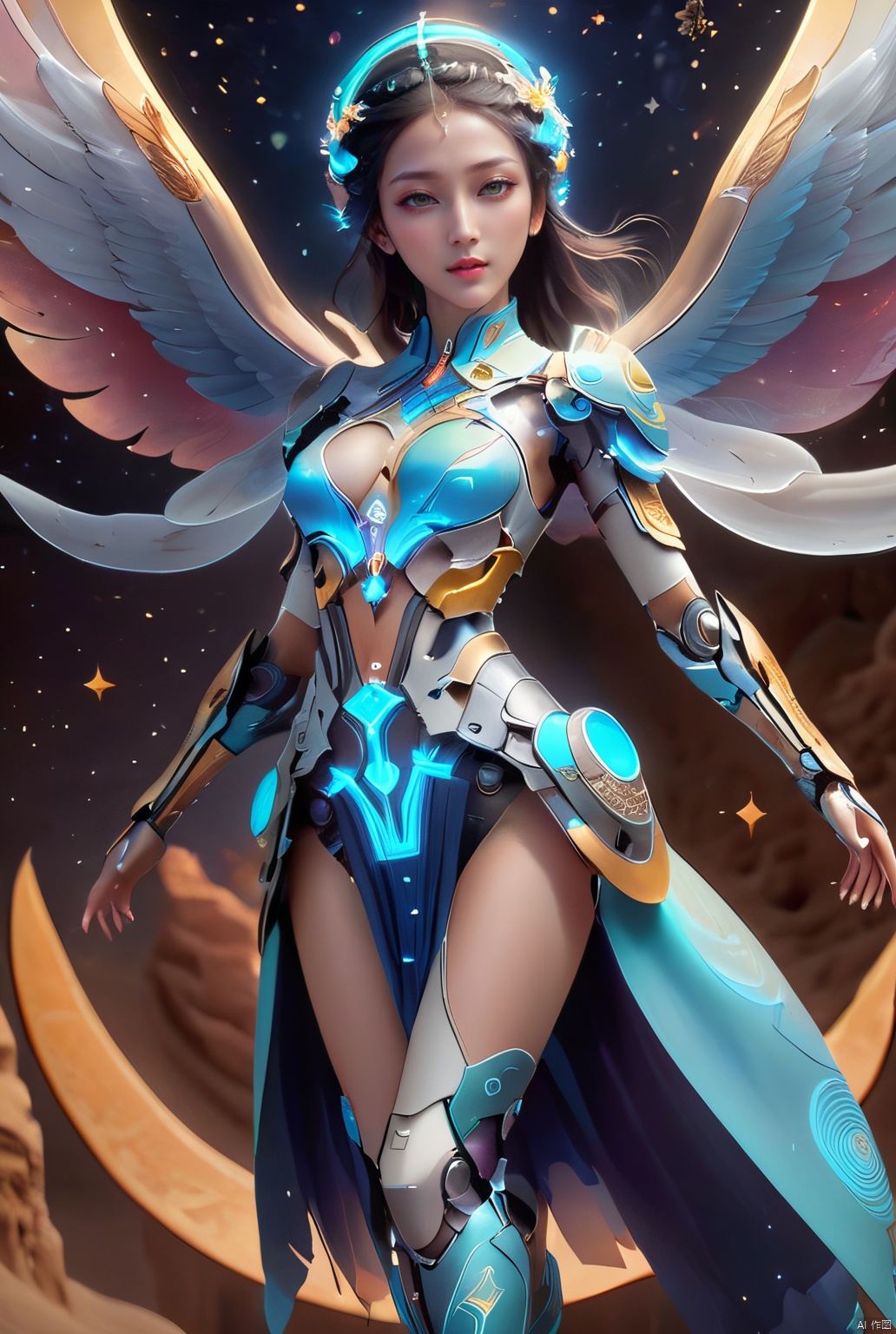 (Masterpiece:2),(high quality:2),(best quality:2),(ultra high res),An angel,(Perfect female body:1.5),Bare legs,barefoot,Extremely detailed,Majestic presence,tqj-hd,x-ray,(Universe Sky Theme:1.8),(starry_background:1.5),(the combination of dunhuang art and cyberpunk:2),Dunhuang Flying Apsaras,(flying apsaras:1.5),(shining mecha:1.5),conveying a sense of cosmic connection,Unreal Engine 5 rendering,Visual impact,(a dynamic and visually striking appearance:1.5),wings,