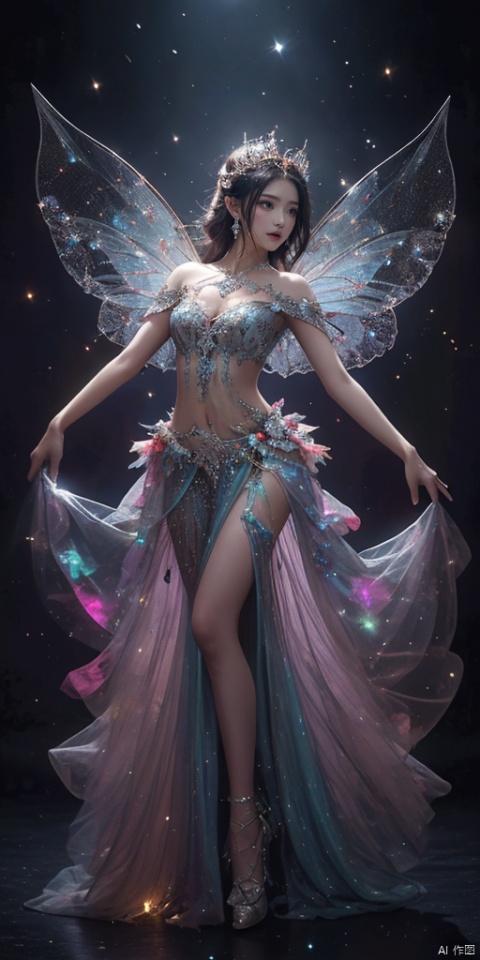  1girl,Metal wings,Fairy, crystal,jewels,dance, sky
