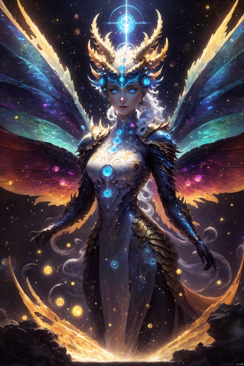  Colorful costumes, Standing posture, Anthropomorphism, National style, Female dragon image, Powerful, Tender, Aesthetic, Heal, Mysterious power, Metallic scales, Shine in cosmic brilliance, Laser eye, Gamma ray eye, wisdom, Strength, Guide the growth and progress of the crypto space, Fly, Bless, Revelation, change, Stand upright, particles, x-ray, 1 dragon_linkedragon, wings