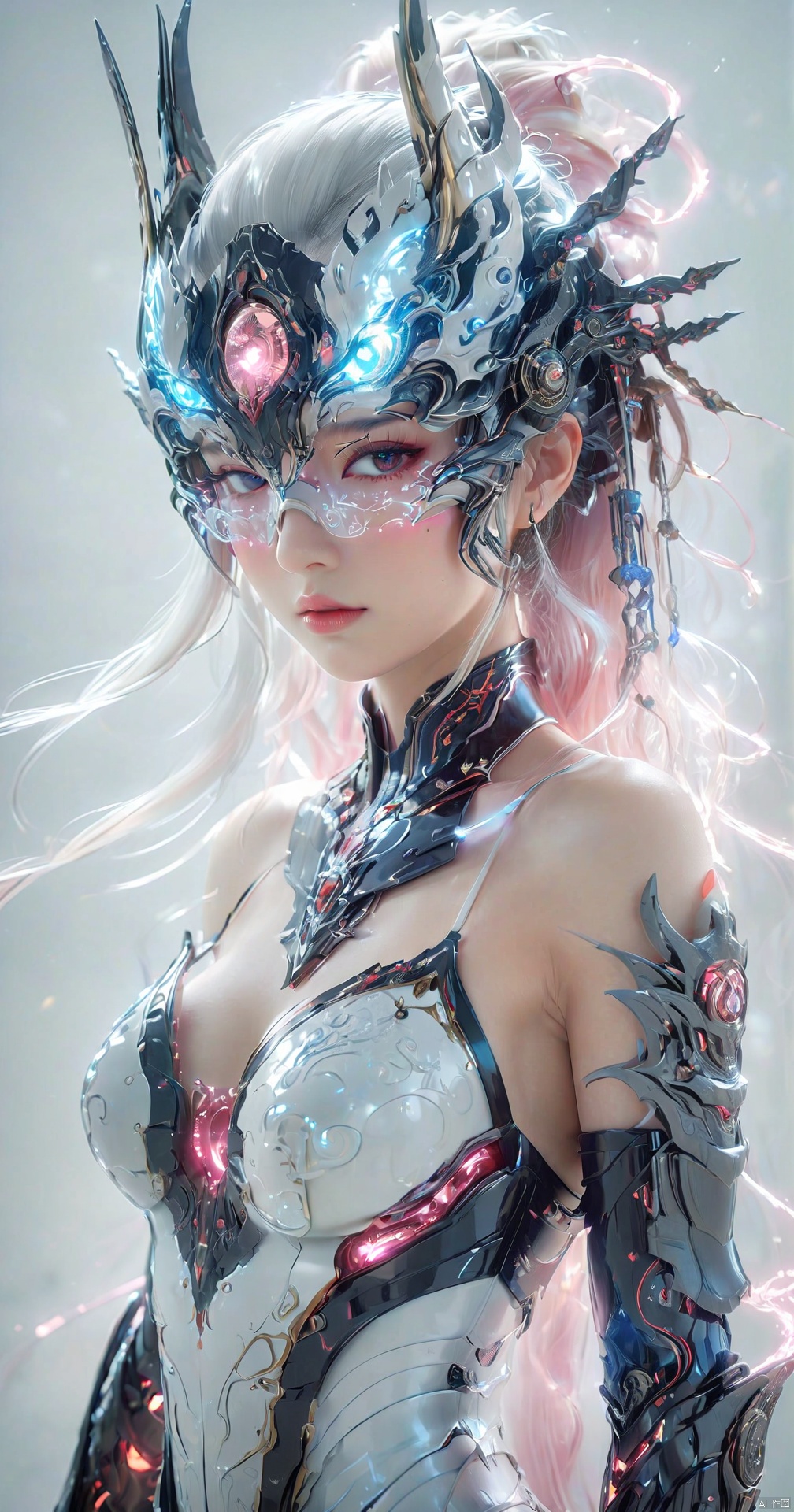  Dimensional Armory,wearing black and red, Anime girl in bare-shoulder dress,with long white hair,wearing black glasses frame,glowing pink special effects,gradient blue and pink Lights,light blue background,rich details,Expose the mechanical mask of the eyes,ultra high resolution,32K UHD,best quality,masterpiece,