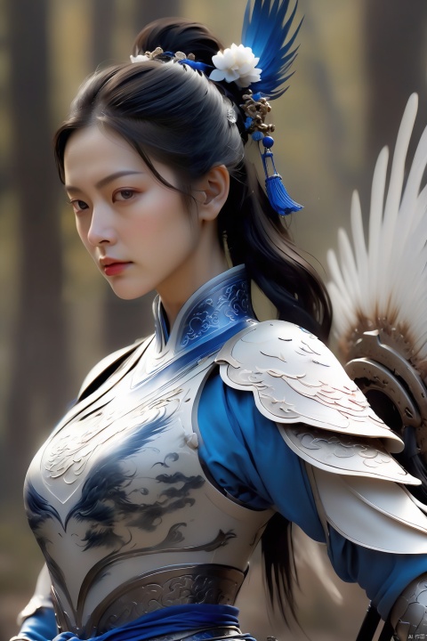  (dramatic, gritty, intense:1.4),masterpiece, best quality, 32k uhd, insane details, intricate details, hyperdetailed, hyper quality, high detail, ultra detailed, Masterpiece, battlefield,(wide shot, wide-angle lens,Panoramic:1.5), a girl Chinese wearing blue and white porcelain armor, chinese ink style, martial arts style, Chinese fairy tale,highly detailed, dynamic, cinematic, stunning, realistic lighting and shading, vivid, vibrant, 8k,octane render, unreal engine, very detailed, concept art, realistic, Cry engine,,weapon, wind,smoke,,solo,(full body:1.5),(holding polearm,spear:1.5),white chinese clothes,armor, white cape, shoulder armor, helmet, black hair, ponytail, (white ribbon:1.4), wings, GUOFENG