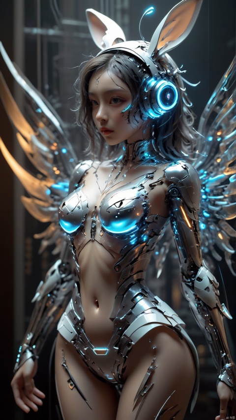 (Masterpiece, best picture quality), Cyberpunk, girl, rabbit ears,((metal and transparent shell | splicing robot)), transparent belly:1.1, metal spine:1.2, ircraft background,skirt,dynamic,perspective, xiaowu, 1 girl,wings, gmlm