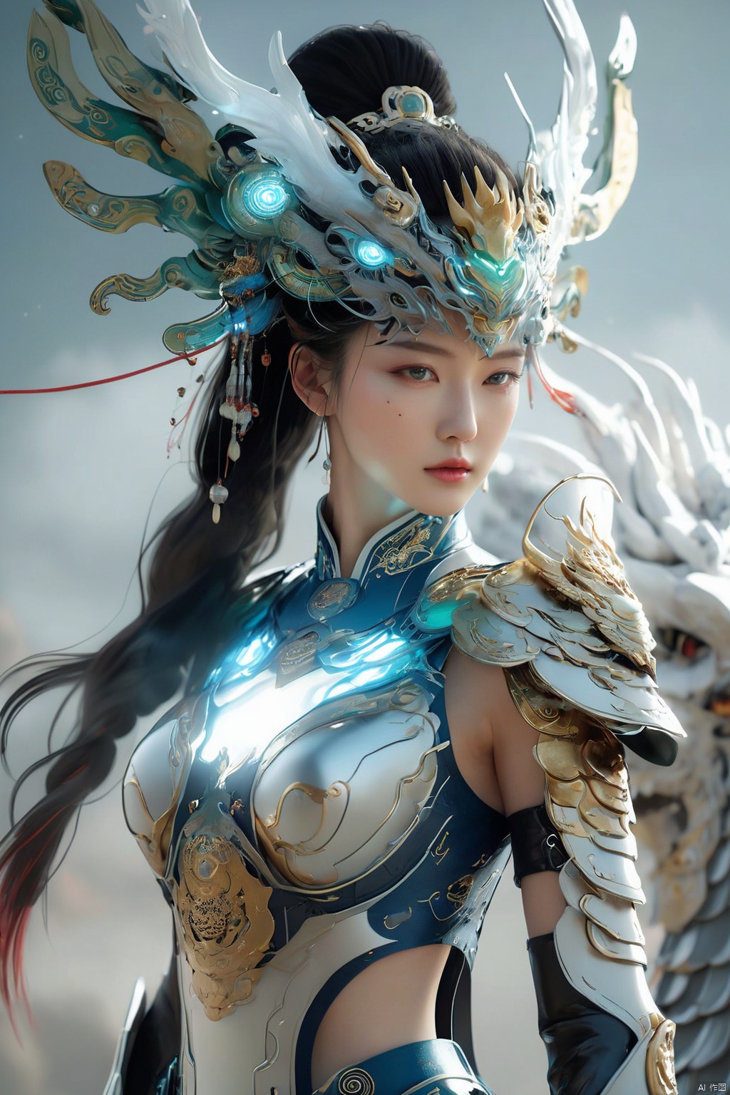 32K ultra-high resolution, full-body portrait of a classical female mech-warrior, integrating seamlessly Tang Dynasty armor with futuristic elements, adorned with glowing Yunlong (cloud dragon) and Taotie (beast face) motifs, constructed with advanced sci-fi materials, rendered in Unreal Engine for hyperrealistic detail, merging realism with surrealistic touches