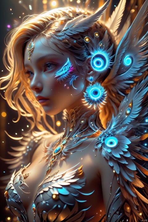 A girl, bare shoulders, golden hair, colored feathers, metal ornaments, colored flowers, particles, light rays, (masterpiece, top quality, best quality, official art, beautiful and aesthetic:1.2), (1girl:1.3), extremely detailed, (fractal art:1.1), (colorful:1.1)(flowers:1.3), highest detailed, (zentangle:1.2), (dynamic pose), (abstract background:1.3), (shiny skin), (many colors :1.4), (earrings:1.4), (feathers:1.4),wings, wings, gmlm
