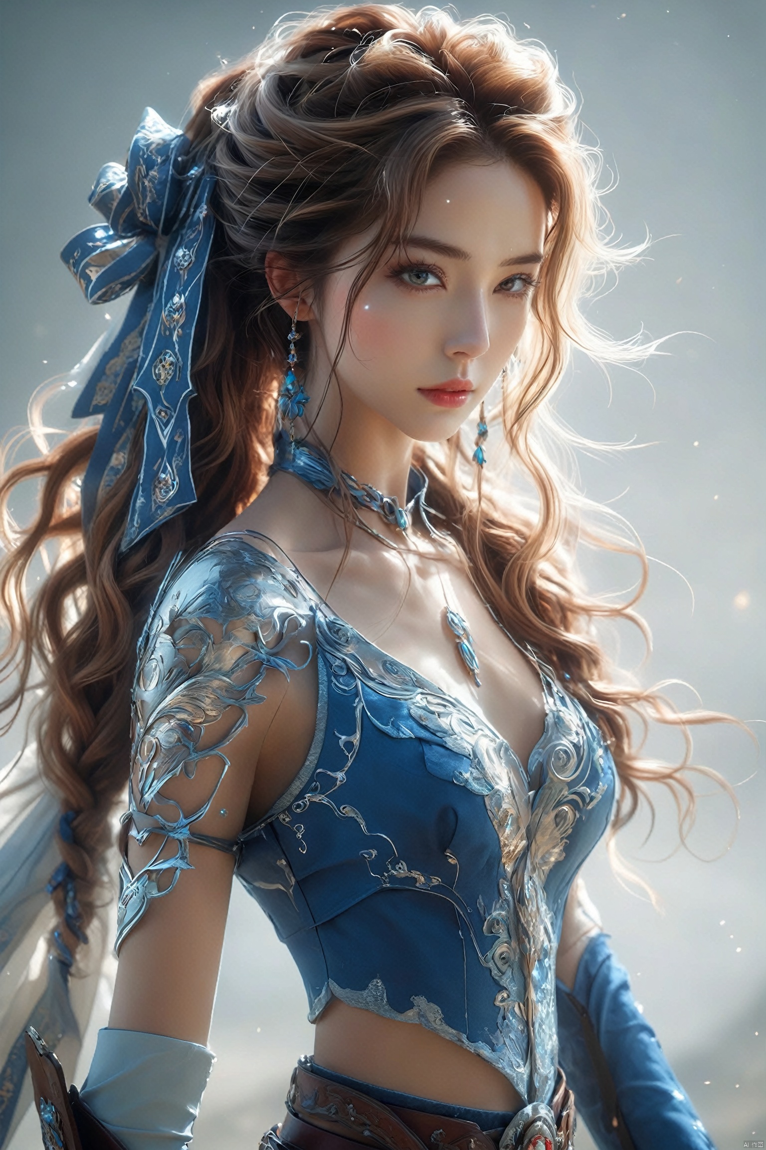 (8k, RAW photo, best quality, masterpiece:1.2),A beautiful girl,exquisitely detailed beautiful eyes,flowing long hair,perfect female body,fair skin,elegantly standing,insane details,hyper-detailed,high resolution,cinematic lighting,soft lighting,long curly hair,cowboy shot,smooth shoulders,slim waist,dynamic shot,