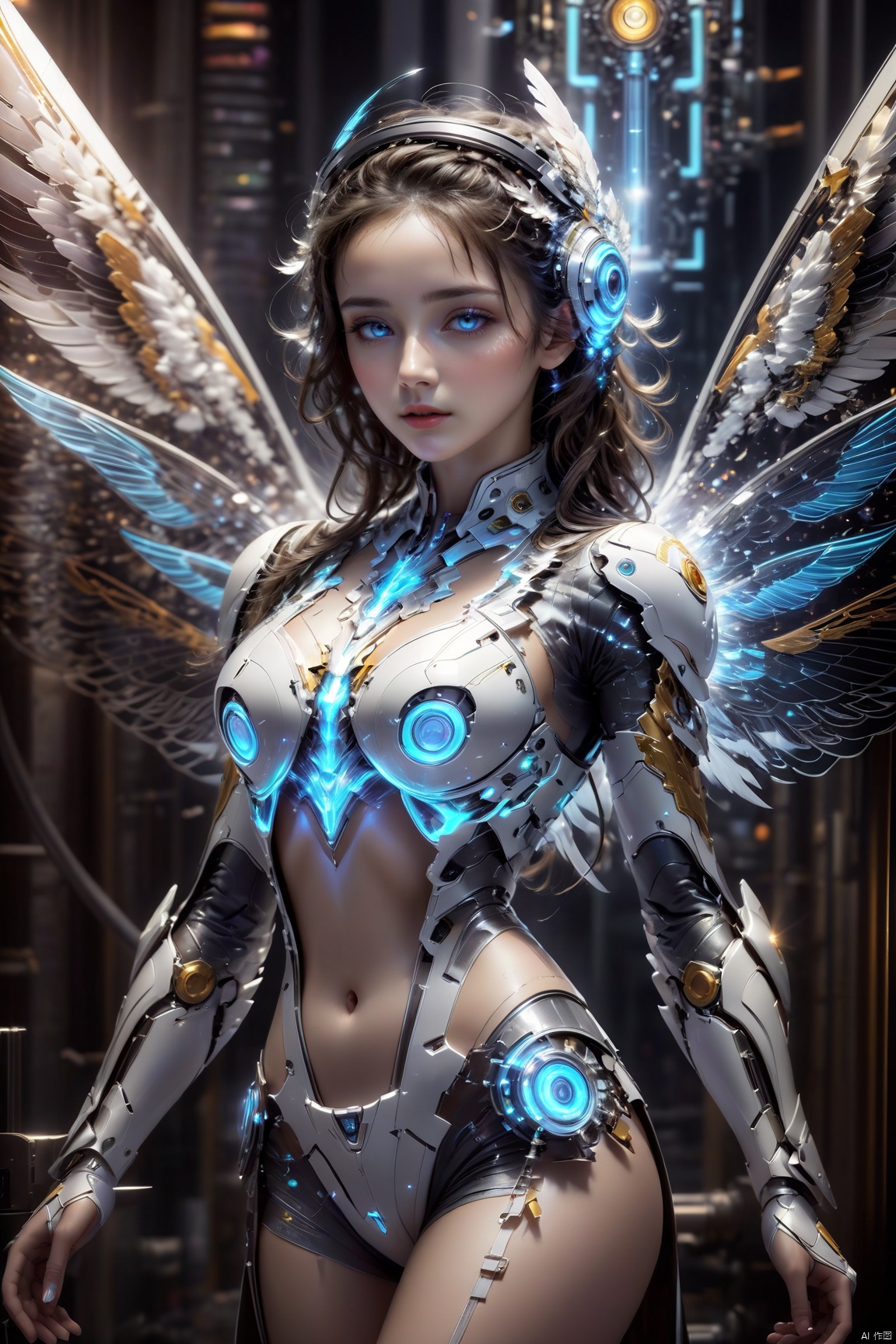 Masterpiece,Ultra high res,Extremely detailed,Realistic,1 girl,Finely detailed beautiful eyes and detailed face,Machinery,Mecha,(Science Fiction),white mecha,luminescence,(dreamy wings:1.5),science fiction mecha wings,Colorful colors,High contrast,High saturation,Realistic,(Dynamic pose:1.2),Perky breasts,White skin,Visual impact,(sexy full body photo:1.2),Cybercity background,Fantasy,Ultra detailed,Detailed face,Movie light,Movie lens,(Movie special effects),wings, hhfhb