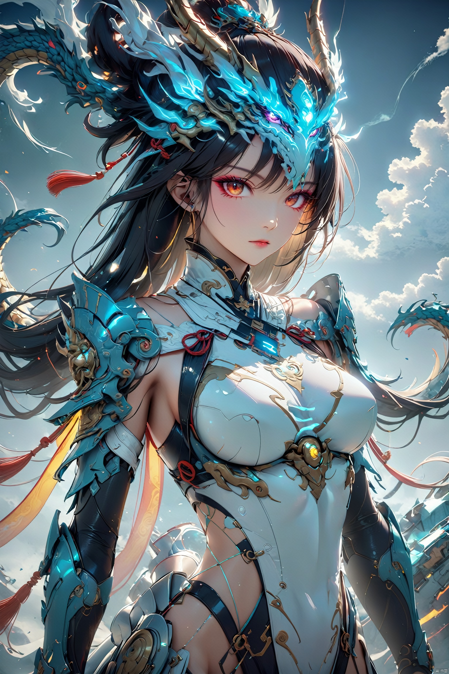 32K ultra-high resolution,full-body portrait of a classical female mech-warrior,seamlessly integrating Tang Dynasty armor with futuristic elements,embellished with luminous Yunlong (cloud dragon) and Taotie (beast face) motifs,constructed with advanced sci-fi materials,rendered in Unreal Engine for hyperrealistic detail,blending realism with surrealistic touches,