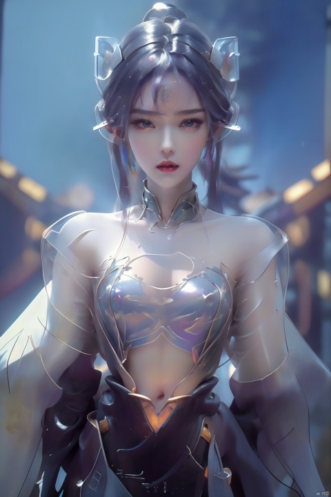  (Masterpiece, best picture quality), Cyberpunk, girl, ,((metal and transparent shell | splicing robot)), transparent belly:1.1, metal spine:1.2, ircraft background, dynamic,perspective, xiaowu, tq, sky