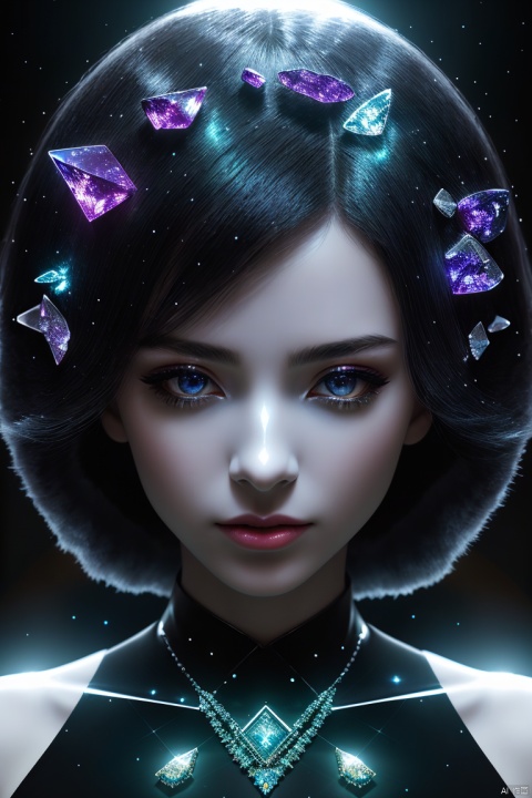  cinematic, fashion photo of a beautiful girl in the style of neomorphism, the transformation of minerals into polymorphs, glowing crystals, hyper detailed, photorealistic, detailed glow, ambient occlusion, side light,light on the face, shadow, light master, Sky Fantasy, light master, sky