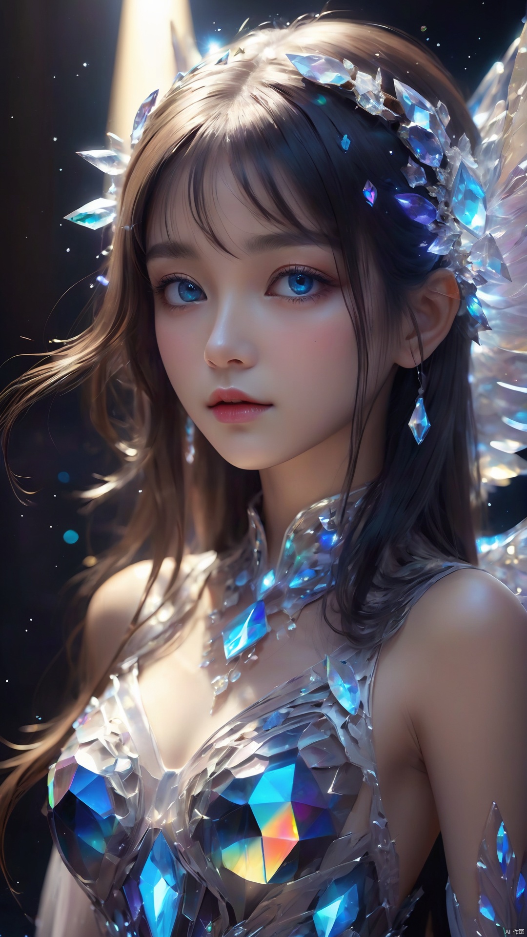  masterpiece,best quality,masterpiece,best quality,official art,extremely detailed CG unity 16k wallpaper,masterpiece,((1girl)),(science fiction:1.1),(ultra-detailed crystallization:1.5),(crystallizing girl:1.5),kaleidoscope,((iridescent:1.5) long hair),(glittering silver eyes),sitting,surrounded by colorful crystals,blue skin,(skin fusion with crystal:1.8),looking up,face focus,simple dress,transparent crystals,flat dark background,lens flare,prism, 1girl, light master, wings