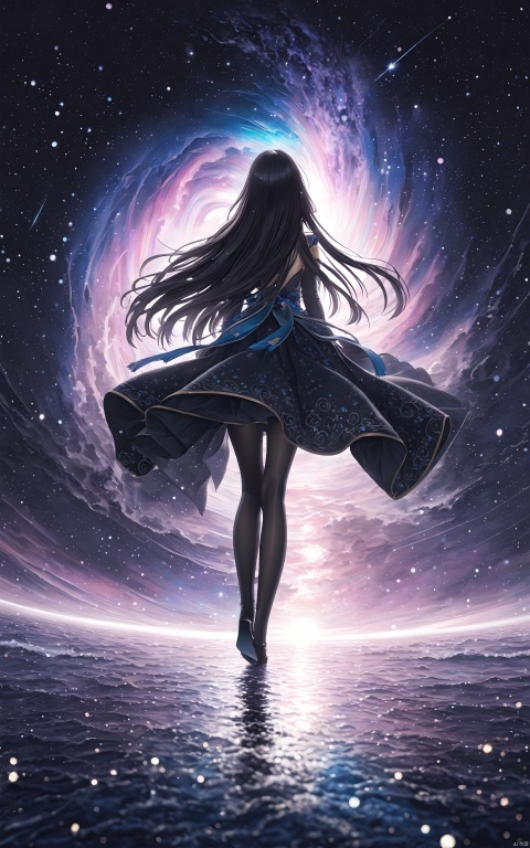  (masterpiece), (best quality), illustration, ultra detailed, hdr, Depth of field, (colorful), star_\(sky\), starry_sky, space, shooting_star, BREAK, 1girl, solo, (Back:1.2), full body, facing away, Panoramic view, (very_long_black_hair:1.2), artstation, digital illustration, intricate, trending, pastel colors, oil paiting, award winning photography, Bokeh, Depth of Field, HDR, bloom, Photorealistic, extremely detailed, trending on artstation, High Detail, 1girl, backlight, cute girl, Chinese style,