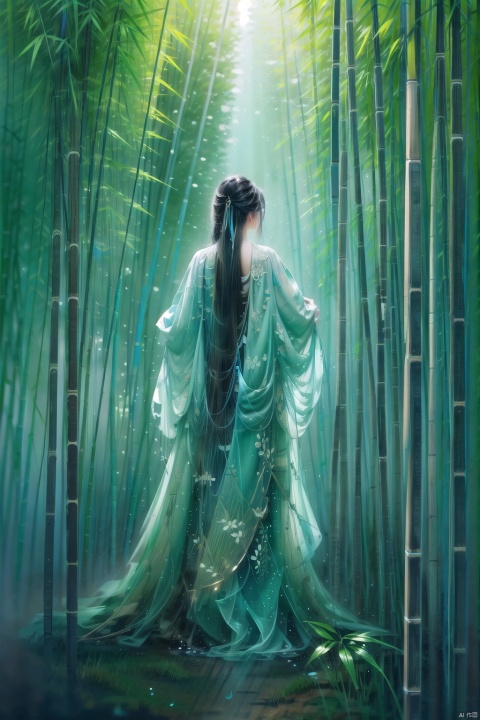  masterpiece, best quality, high quality,extremely detailed CG unity 8k wallpaper,Green bamboo,(Dense bamboo forest),hidden fairy glens, creating a sense of mystique and enchantment,BREAK,1girl, solo,(Back:1.2),full body, facing away,Panoramic view,(very_long_black_hair:1.2),artstation, digital illustration, intricate, trending, pastel colors, oil paiting, award winning photography, Bokeh, Depth of Field, HDR,bloom,Photorealistic,extremely detailed, trending on artstation, High Detail, 1girl,backlight, cute girl, Chinese style,
