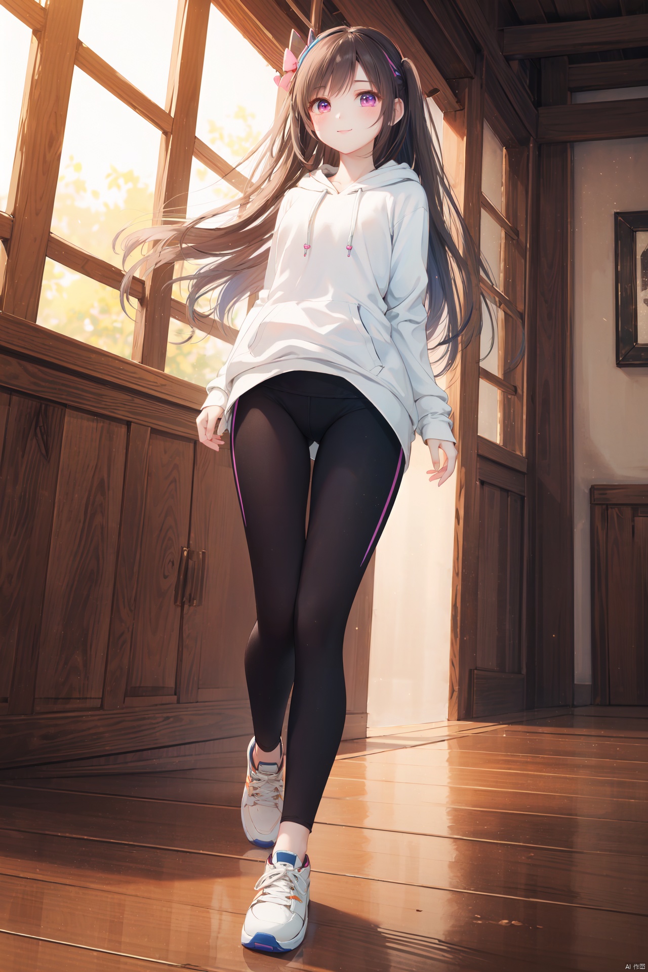((masterpiece)),(extremely detailed 8k wallpaper),(best illumination),((extremely delicate)),hdr,(colorful),bright,

a lovely girl,bishoujo,narrow_waist,full body shot,slender,solo,
hoodie,white yoga pants,chunky sneakers,presenting legs,reality,photo,professional composition,master works,fine texture,perfect post-processing,POV,film grain,works of art,art photography,artistic atmosphere,personal photo,incredibly absurdres,available light,realistic,seductive_smile,warm tone,warm atmosphere,from below,d.va,slim legs,