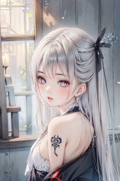  HDR, UHD, 8K, best quality, extreme detail description, Professional, masterpiece, Highly detailed, dynamic angle, Shy, white-haired, young girl, ( 7yo), soft and fluffy white hair, innocent and timid expression, delicate and petite frame, ( big), NSFW, completely nude, heart-shaped pupils, public tattoo,