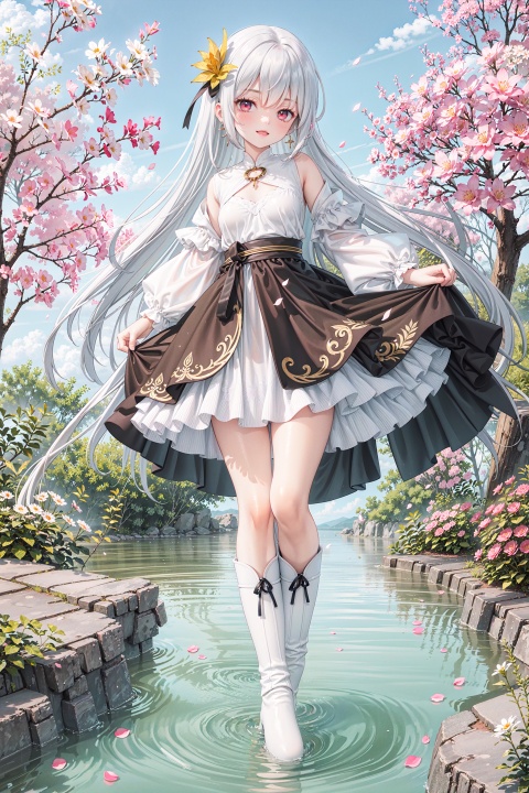  masterpiece,extremely detailed 8k wallpaper,best quality,ultra-detailed,best illumination, best shadow,an extremely delicate and beautiful,dynamic angle,floating,solo,mid shot,((((the girl has a +++beautifully detailed face+++)))),hair ornament,glowing,beautiful and detailed red eyes,(hands in pockets),(small breasts),(mini skirt),upskirt,earrings,necklace,bright spots,(((white leather boots))),cross-laced_footwear,

walking,((ink)),(water color),bloom effect,detailed beautiful grassland with petal,flower,butterfly,necklace,smile,petal,(((surrounded by heavy floating petal flow))),There are many scattered luminous petals,Hidden in the light yellow flowers,Depth of field,Many flying drops of water,Many scattered leaves,branch ,angle ,contour deepening,upskirt,earrings,necklace,bright spots,(((white leather boots))),cross-laced_footwear,

walking,((ink)),(water color),bloom effect,detailed beautiful grassland with petal,flower,butterfly,necklace,smile,petal,(((surrounded by heavy floating petal flow))),There are many scattered luminous petals,Hidden in the light yellow flowers,Depth of field,Many flying drops of water,Many scattered leaves,branch ,angle ,contour deepening,