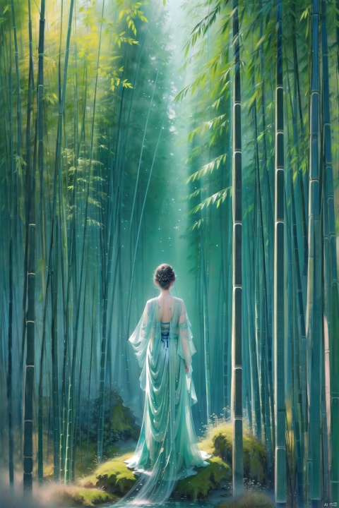  masterpiece, best quality, high quality,extremely detailed CG unity 8k wallpaper,Green bamboo,(Dense bamboo forest),hidden fairy glens, creating a sense of mystique and enchantment,BREAK,1girl, solo,(Back:1.2), artstation, digital illustration, intricate, trending, pastel colors, oil paiting, award winning photography, Bokeh, Depth of Field, HDR,bloom,Photorealistic,extremely detailed, trending on artstation, High Detail, 1girl,backlight, cute girl, Chinese style,