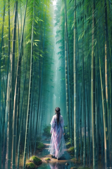  masterpiece, best quality, high quality,extremely detailed CG unity 8k wallpaper,Green bamboo,(Dense bamboo forest),hidden fairy glens, creating a sense of mystique and enchantment,BREAK,1girl, solo,(Back:1.2),full body, (facing_away:1.2),Panoramic view,(very_long_black_hair:1.2),artstation, digital illustration, intricate, trending, pastel colors, oil paiting, award winning photography, Bokeh, Depth of Field, HDR,bloom,Photorealistic,extremely detailed, trending on artstation, High Detail, 1girl,backlight, cute girl, Chinese style,
