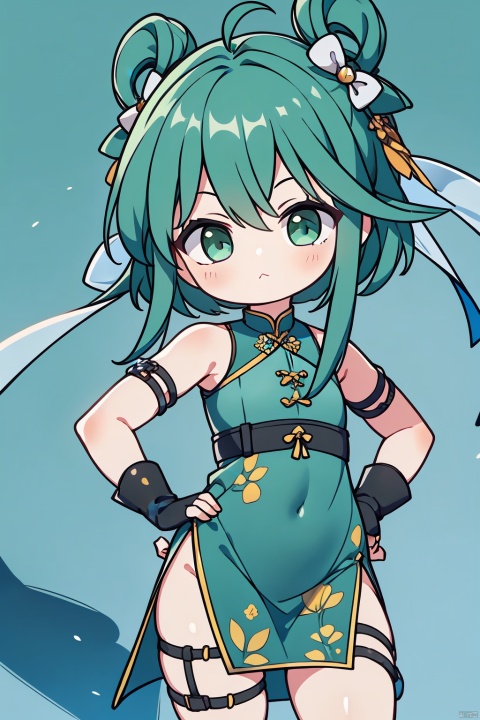  1girl, solo, green hair, green eyes, looking at viewer, gloves, holding, chinese clothes, dress, hand on hip, hair ornament, fingerless gloves, thigh strap