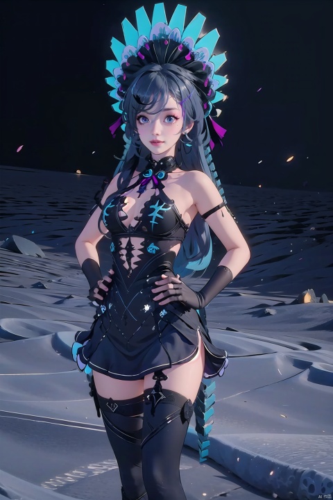 1girl, thighhighs, solo, dress, long hair, blue eyes, multicolored hair, black hair,  looking at viewer, gloves, black dress, hands on hips, streaked hair, hair ornament, blue hair, smile, black gloves, fingerless gloves, genuonuoXF，