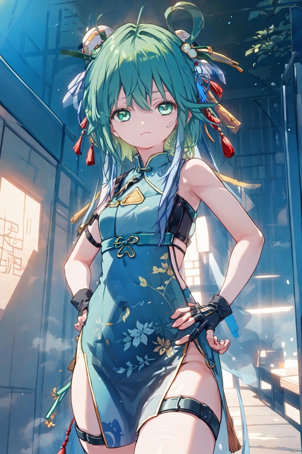 1girl, solo, green hair, green eyes, looking at viewer, gloves,  holding, chinese clothes, dress, hand on hip, hair ornament, fingerless gloves, thigh strap