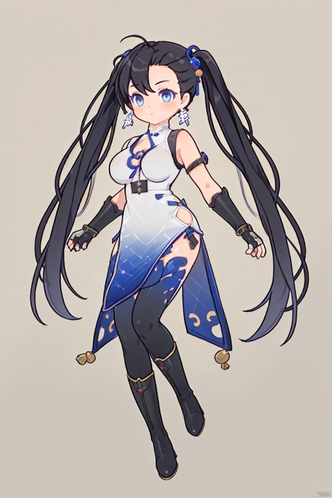 1girl, solo, black hair, dress, blue eyes, chinese clothes, china dress, thighhighs, long hair, twintails, breasts, full body, boots, gloves, gauntlets,  medium breasts