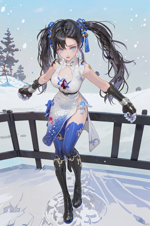  1girl, solo, black hair, dress, blue eyes, chinese clothes, china dress, thighhighs, long hair, twintails, breasts, full body, boots, gloves, gauntlets, medium breasts，Practicing boxing in the snow background