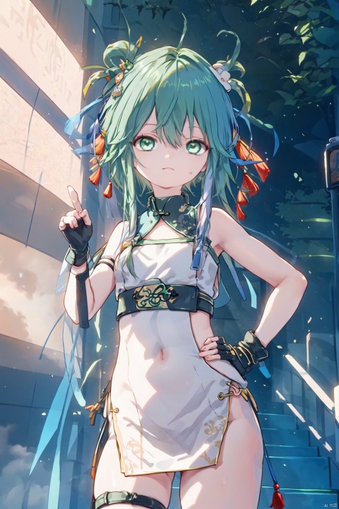 1girl, solo, green hair, green eyes, looking at viewer, gloves,  holding, chinese clothes, dress, hand on hip, hair ornament, fingerless gloves, thigh strap