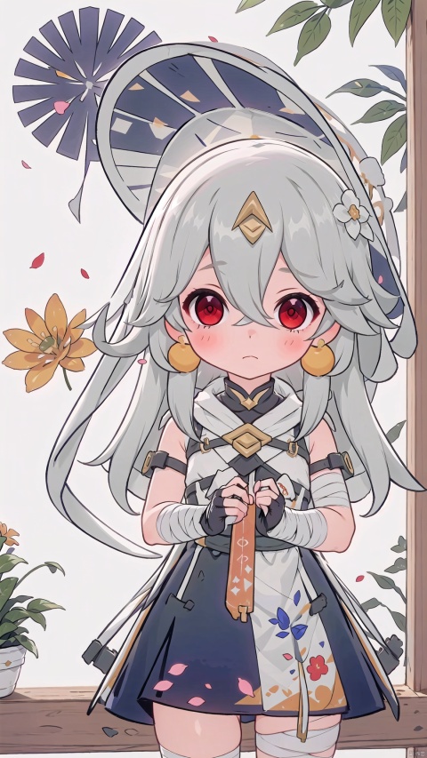  1girl, ,red eyes,white hair , looking at viewer, flowers, petals,breasts, smelling flowers, spring, floating, wind, (hair on face), long hair, cowboy shot, blurry, shadow, warm, slightly curly hair, straw hat, flower basket, (fireworks), night, floral print, halter dress, leaves,leibeiXF,camisole, greendesign
red eyes, 1girl, solo,bandages, looking at viewer, eyepatch,grey hair, gloves, fingerless gloves, closed mouth, dress, bangs, bandaged arm, hair ornament, hood,leibeiXF,