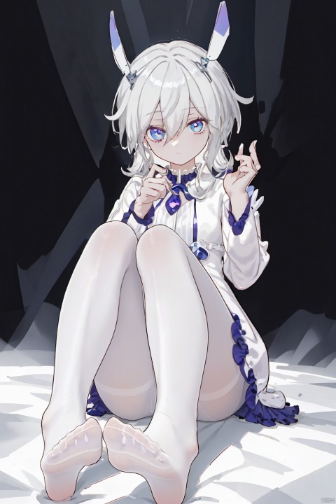  foot focus, 1girl, no shoes, solo, feet, pantyhose, soles, long hair, white pantyhose, looking at viewer, blue eyes, sitting, long sleeves, toes, bangs, foreshortening, hair between eyes, white hair, legs, frills, dress, hand up, thighband pantyhose, full body