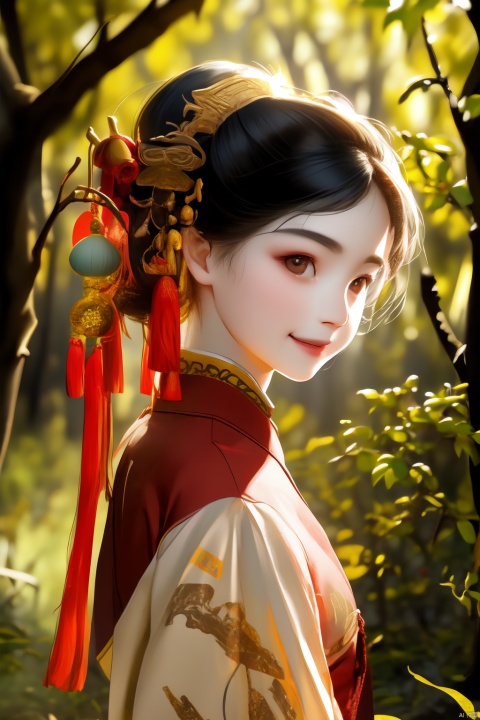 A Chinese girl was walking on a path in the woods, with light shining on her face and a smile imprinted on her face. The girl was facing me and turned her head to look at me with a loving gaze. She was wearing ancient clothes and was stroking her hair with her hands